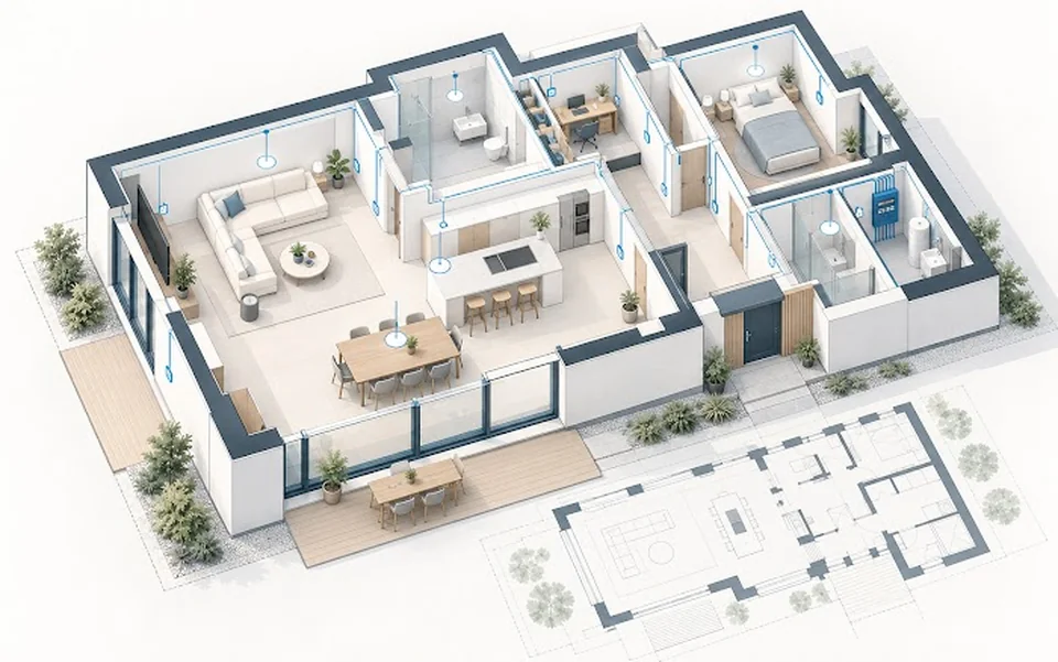 Architektoniczny rzut domu z meblami i zaznaczonymi punktami instalacji elektrycznej.